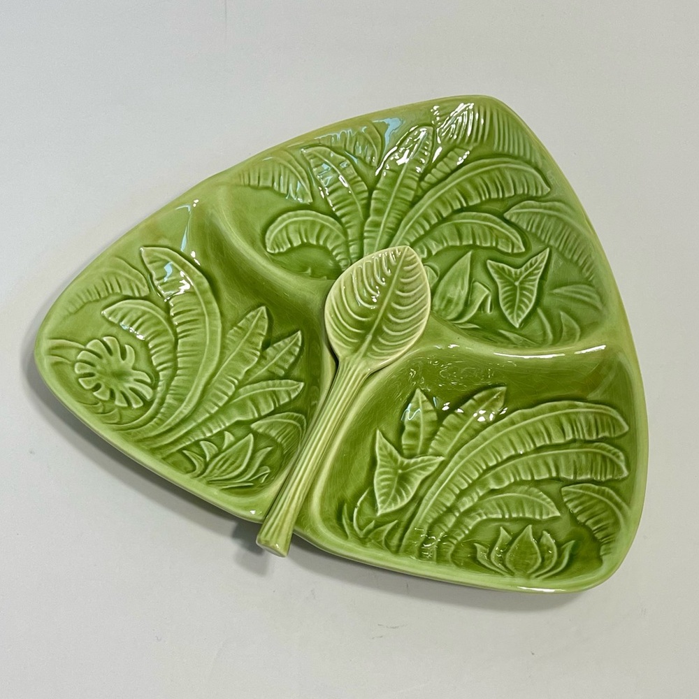 MCM California Pottery Tropical Green 3 Compartment Dip Tray Matching Spoon